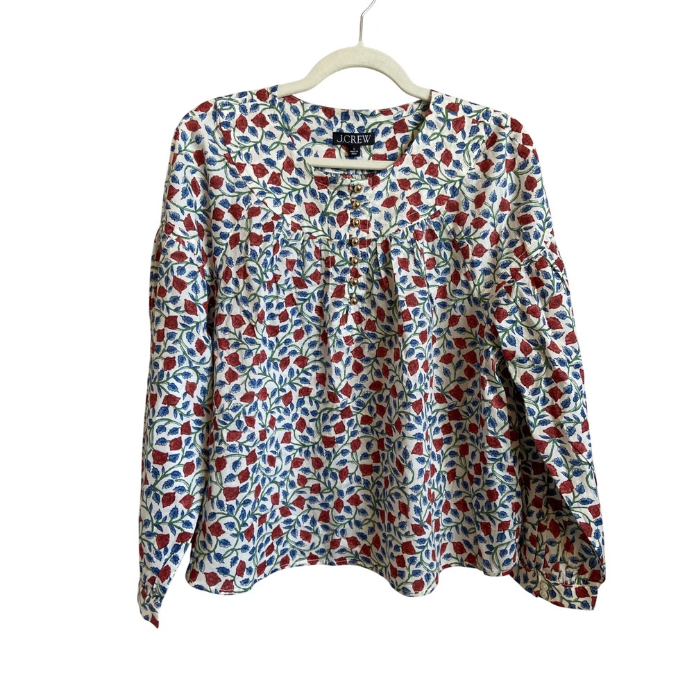 J.Crew Shirred popover top  Cotton Voile Top Red Blue Gold Buttons L NEW